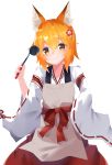  1girl animal_ear_fluff animal_ears apron bangs blush brown_apron brown_eyes closed_mouth commentary_request eyebrows_visible_through_hair flower fox_ears hair_between_eyes hair_flower hair_ornament hakama head_tilt highres holding japanese_clothes kimono ladle long_sleeves miko orange_hair red_flower red_hakama ribbon-trimmed_sleeves ribbon_trim senko_(sewayaki_kitsune_no_senko-san) sewayaki_kitsune_no_senko-san simple_background sleeves_past_fingers sleeves_past_wrists smile solo suisen-21 white_background white_kimono wide_sleeves 