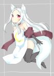  1girl animal_ear_fluff animal_ears bare_shoulders black_gloves black_legwear choro_tofu dress elbow_gloves facial_mark fox_ears fox_tail full_body gloves grey_background long_hair red_eyes red_scarf scarf sewayaki_kitsune_no_senko-san shiro_(sewayaki_kitsune_no_senko-san) side_slit simple_background smile solo strapless strapless_dress tail thigh-highs white_dress white_hair 