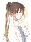  1girl bangs brown_hair closed_mouth coat from_side grey_eyes grey_shirt hand_up high_ponytail long_hair long_sleeves looking_at_viewer lpip open_clothes open_coat original ponytail shirt sidelocks solo upper_body white_coat wing_collar 