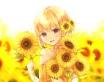  1girl :d absurdres bangs bare_arms bare_shoulders blurry blurry_background blush collarbone commentary_request criss-cross_halter depth_of_field dress eyebrows_visible_through_hair flower hair_between_eyes hair_flower hair_ornament halterneck head_tilt highres holding holding_flower hoshino_yura looking_at_viewer open_mouth orange_dress shirotori_haru smile solo station_memories sunflower violet_eyes white_background yellow_flower 