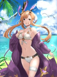  1girl aqua_(popogori) bangs bikini bird blonde_hair blue_sky breasts brown_eyes cleavage clouds floating_hair granblue_fantasy long_hair looking_at_viewer navel outdoors sideboob sky solo song_(granblue_fantasy) standing swimsuit white_bikini 