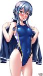  1girl :o bangs blue_eyes blue_hair blush breasts competition_swimsuit covered_navel cowboy_shot eyebrows_visible_through_hair gotland_(kantai_collection) hair_between_eyes hair_bun highres jacket kantai_collection long_hair looking_at_viewer medium_breasts mole mole_under_eye one-piece_swimsuit open_clothes open_jacket open_mouth sidelocks simple_background solo swimsuit tsuchimiya undressing white_background 