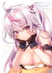  1girl absurdres azur_lane bangs bare_shoulders blush breasts chin_rest cleavage closed_mouth eyebrows_visible_through_hair fingerless_gloves gloves grenville_(azur_lane) hands_on_own_cheeks hands_on_own_face highlights highres large_breasts lavender_hair long_hair looking_at_viewer multicolored_hair off_shoulder one_side_up ponytail purple_hair red_eyes riichu scan shiny shiny_hair side_ponytail simple_background solo white_background 
