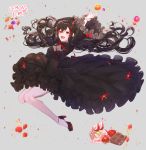  1girl :d arms_up artist_name bangs black_dress black_hair blush bow breasts cake chocolate commission dress floating_hair food frills fruit full_body gothic_lolita high_heels horns jumping lolita_fashion long_hair looking_at_viewer medium_breasts multicolored_hair open_mouth orange original peach red_eyes redhead ribbon smile solo strawberry streaked_hair tr6247 very_long_hair waffle wide_sleeves 