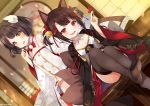  2girls :d akagi-chan_(azur_lane) animal_ears azur_lane bare_shoulders bell black_hair black_kimono black_legwear blush breasts brown_hair collarbone dress eyebrows_visible_through_hair fang feet fox_ears fox_girl fox_tail hair_bell hair_ornament hakama_skirt hiei-chan_(azur_lane) horns indoors japanese_clothes kimono kurot long_sleeves looking_at_viewer multiple_girls multiple_tails no_shoes open_mouth pleated_skirt red_eyes red_skirt short_dress short_hair skirt small_breasts smile tail thigh-highs twintails white_dress wide_sleeves yellow_eyes younger 