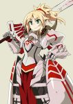  &gt;:) 1girl armor blonde_hair braid breastplate clarent closed_mouth eyebrows_visible_through_hair fate/apocrypha fate_(series) french_braid gauntlets green_eyes hair_ornament hair_scrunchie holding holding_sword holding_weapon medium_hair mordred_(fate) mordred_(fate)_(all) n36hoko over_shoulder pauldrons ponytail red_scrunchie scrunchie solo sword v-shaped_eyebrows weapon weapon_over_shoulder 