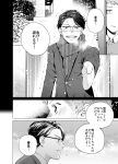  2boys comic flashback gate glasses greyscale highres male_focus mittens monochrome multiple_boys original outdoors outstretched_hand peeking_out scarf school_uniform smile tentenyakan trembling winter 
