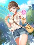  1girl bag bare_shoulders blue_eyes blue_sky blurry blush breasts brown_hair clouds cloudy_sky collarbone commentary_request cowboy_shot day denim denim_shorts depth_of_field ferris_wheel food giving hair_bun hair_ribbon highres holding holding_food ice_cream ice_cream_day looking_at_viewer medium_breasts meisuke_mei midriff_peek off-shoulder_shirt off_shoulder one_eye_closed original outdoors outstretched_arm ribbon shirt short_hair short_shorts shorts shoulder_bag sidelocks sky solo standing thighs tongue tongue_out tree white_shirt yellow_ribbon 