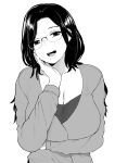  1girl arm_under_breasts black_hair breasts cleavage commentary commission english_commentary glasses greyscale hand_on_own_cheek highres large_breasts long_hair long_sleeves looking_at_viewer mature mole mole_under_eye monochrome norman_maggot open_mouth original sweater 