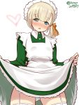  1girl alternate_costume apron bangs blonde_hair blue_eyes blunt_bangs blush commentary_request cowboy_shot dress dress_shirt enmaided frilled_apron frills garter_straps gluteal_fold green_dress hair_ornament highres kantai_collection long_hair looking_at_viewer maid maid_headdress panties pantyshot ribbon shin&#039;you_(kantai_collection) shirt side_ponytail simple_background solo standing takase_muu thigh-highs underwear white_apron white_background white_legwear white_panties 