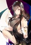  1girl ahoge alcohol alternate_costume armlet bangs bare_shoulders blunt_bangs blush breasts brown_hair champagne champagne_flute cleavage cup dress drinking_glass dsr-50_(girls_frontline) earrings evening_gown eyebrows_visible_through_hair girls_frontline giving glint gold hair_ornament holding holding_cup jewelry large_breasts long_hair looking_at_viewer parted_lips pvc_parfait red_eyes ruby_(gemstone) sidelocks smile solo thighs twitter_username very_long_hair 