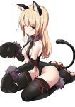  1girl animal_costume animal_ears bangs black_footwear black_gloves black_leotard blush boots breasts cat_costume cat_ears cat_tail cleavage commentary_request elbow_gloves eyebrows_visible_through_hair fake_animal_ears fake_tail fate/stay_night fate_(series) flying_sweatdrops full_body fur_collar gloves half-closed_eyes illyasviel_von_einzbern leotard light_frown long_hair looking_at_viewer medium_breasts navel noa_(nagareboshi) parted_lips paw_boots paw_gloves paws simple_background sitting solo stomach_cutout tail thigh-highs thigh_boots thighs wariza white_background 