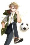  1boy black_pants blue_eyes brown_hair earrings frown hand_in_pocket hand_up hood jacket jewelry male_focus pants shoes sneakers soccer soccer_spirits track_pants tuuuh 