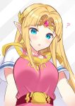  1girl bangs blonde_hair blue_eyes blush breasts dress earrings gloves jewelry long_hair looking_at_viewer necklace nintendo open_mouth pointy_ears princess_zelda shiyo_yoyoyo simple_background smile solo super_smash_bros. the_legend_of_zelda the_legend_of_zelda:_a_link_between_worlds tiara 