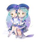  2girls :d ;d alternate_hairstyle aqua_hair artist_name bang_dream! beret blue_bow blue_capelet blue_headwear blue_neckwear blush bobby_socks bow bowtie braid brooch capelet center_frills character_name constellation_hair_ornament constellation_print dress earrings frilled_capelet frilled_dress frills green_eyes hair_bow happy_birthday hat hat_bow high_heels highres hikawa_hina hikawa_sayo jewelry leglet long_hair long_sleeves milcona multiple_girls neck_ribbon one_eye_closed open_mouth outline overskirt print_hat ribbon short_hair siblings single_braid sisters smile socks star starry_sky_print striped striped_neckwear twin_braids twins white_legwear white_outline 