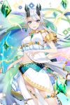  1girl aiolos_(soccer_spirits) aqua_eyes dragon_horns dragon_tail dress earrings electricity gem green_eyes horns jewelry long_hair looking_at_viewer navel official_art pointy_ears skirt soccer_spirits solo standing tail tuuuh very_long_hair white_dress white_hair white_skirt 