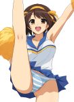  1girl absurdres blush breasts brown_eyes brown_hair cheerleader hairband haruhisky highres large_breasts leg_up open_mouth orange_hairband panties pantyshot pom_poms short_hair simple_background skirt smile solo striped striped_panties suzumiya_haruhi suzumiya_haruhi_no_yuuutsu underwear white_background 