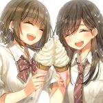  2girls :d ^_^ bangs blush bow brown_bow brown_hair brown_neckwear closed_eyes closed_eyes collared_shirt commentary_request diagonal-striped_neckwear diagonal_stripes dress_shirt eyebrows_visible_through_hair facing_viewer food hair_between_eyes holding holding_food ice_cream ice_cream_cone kawaku long_hair multiple_girls necktie open_mouth original round_teeth school_uniform shirt short_sleeves simple_background smile soft_serve sparkle striped striped_bow striped_neckwear teeth upper_body upper_teeth white_background white_shirt 