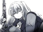  1girl ^_^ anger_vein bangs closed_eyes closed_eyes closed_mouth eyebrows_visible_through_hair fingerless_gloves girls_frontline gloves gun h&amp;k_ump45 hair_between_eyes hair_ornament holding holding_gun holding_weapon jacket lolicept long_hair monochrome one_side_up open_clothes pov reaching_out scar scar_across_eye shaded_face shirt simple_background smile trembling ump45_(girls_frontline) weapon 