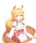  1girl absurdres animal_ear_fluff animal_ears apron bangs blonde_hair brown_apron collarbone commentary_request eyebrows_visible_through_hair fang fingernails flower fox_ears fox_girl fox_tail hair_between_eyes hair_flower hair_ornament hakama highres japanese_clothes kimono long_sleeves looking_at_viewer parted_lips red_flower red_hakama ribbon-trimmed_sleeves ribbon_trim roido_(taniko-t-1218) seiza senko_(sewayaki_kitsune_no_senko-san) sewayaki_kitsune_no_senko-san sitting sleeves_past_wrists smile solo tail white_kimono yellow_eyes 