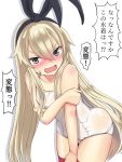  1girl blonde_hair blush collarbone commentary_request cowboy_shot embarrassed grey_eyes hairband highres kantai_collection leaning_forward long_hair looking_at_viewer nose_blush open_mouth red_legwear school_swimsuit shimakaze_(kantai_collection) simple_background solo sweat swimsuit thigh-highs tsusshi wavy_mouth white_background white_school_swimsuit white_swimsuit 