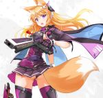  1girl animal_ears bangs breasts cape commentary cowboy_shot eyebrows_visible_through_hair fatkewell fox_ears fox_girl fox_tail gloves gun hair_between_eyes headgear holding holding_gun holding_weapon long_hair looking_at_viewer looking_to_the_side mecha_musume medium_breasts open_mouth orange_hair original parted_bangs purple_shirt purple_skirt shirt sidelocks simple_background skirt solo tail thigh-highs violet_eyes weapon zettai_ryouiki 