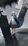  1girl absurdres animal_ear_fluff animal_ears arknights black_cloak black_footwear black_gloves blurry blurry_foreground cat_ears cloak commentary_request depth_of_field dress fingerless_gloves gloves green_eyes grey_hair highres looking_at_viewer lycoris-fullbloom outstretched_arm reflection rosmontis_(arknights) shoes solo standing water white_dress 