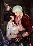  1boy 1girl abs against_wall bandages black_hair breasts commentary dante_(devil_may_cry) desert_eagle devil_may_cry devil_may_cry_3 dirty dirty_face english_commentary eye_contact gloves gun hand_on_another&#039;s_stomach handgun height_difference hetero jacket jewelry lady_(devil_may_cry) large_breasts looking_at_another necklace no_bra open_clothes open_jacket open_shirt parted_lips partly_fingerless_gloves pectorals revision silver_hair skirt smile sweat typo_(requiemdusk) wall_slam weapon 