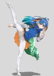  1girl absurdres ahoge blue_hair commentary full_body grey_background head_wings high_kick highres kemono_friends kicking layered_sleeves long_hair long_sleeves looking_at_viewer multicolored_hair orange_eyes pantyhose peafowl_(kemono_friends) short_over_long_sleeves short_sleeves simple_background solo standing standing_on_one_leg tanabe_(fueisei) tiptoes white_legwear 