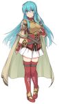  1girl arm_at_side armor blue_eyes blue_hair blush boots breastplate cape clenched_hand closed_mouth commentary_request eirika faulds fingerless_gloves fire_emblem fire_emblem:_seima_no_kouseki full_body gloves grey_cape long_hair looking_at_viewer miniskirt nintendo pauldrons red_footwear red_gloves shiseki_hirame shoulder_armor simple_background skirt smile solo standing thigh-highs thigh_boots very_long_hair white_background white_skirt zettai_ryouiki 