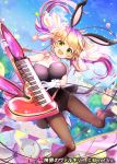  1girl :d animal_ears balloon blonde_hair blue_sky braid breasts bunnysuit clouds confetti instrument jumping keyboard_(instrument) large_breasts multicolored_hair official_art open_mouth rabbit_ears shinkai_no_valkyrie sky smile twin_braids twintails two-tone_hair uro_(oolong) yellow_eyes 