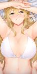  1girl anza_tomo armpits arms_up bare_shoulders blonde_hair blush breasts cleavage elf green_eyes hair_between_eyes highres large_breasts long_hair looking_at_viewer navel original parted_lips pointy_ears smile solo_focus 