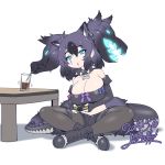  1girl :o animal_ear_fluff animal_ears bangs bare_shoulders black_gloves black_legwear black_shorts blackfoxes blue_eyes boots bow breasts cerberus_(kemono_friends) cola collar cup cutoffs dated dog_ears drinking drinking_glass drinking_straw elbow_gloves eyes_visible_through_hair fongjlf gloves hair_between_eyes huge_breasts japari_symbol jewelry kemono_friends legs_crossed legwear_under_shorts midriff nintendo_switch pantyhose pendant prehensile_hair scar scar_across_eye short_shorts shorts signature simple_background sitting solo spiked_collar spikes table tail thigh_strap twintails unbuttoned_shorts white_background yoshida_hideyuki 
