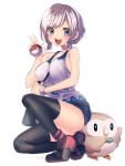  1girl :d bangs bare_shoulders black_legwear blue_eyes blush breasts creatures_(company) eyebrows_visible_through_hair full_body game_freak gen_7_pokemon hakusai_ponzu hand_up holding holding_poke_ball looking_at_viewer medium_breasts mizuki_(pokemon) nintendo open_mouth poke_ball poke_ball_(generic) pokemon pokemon_(creature) pokemon_(game) pokemon_sm rowlet shirt short_hair silver_hair simple_background smile swept_bangs tank_top teeth thigh-highs white_background white_shirt 