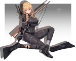  1girl 5555_96 ankle_strap arm_under_breasts bangs black_swimsuit blonde_hair blush breasts closed_mouth combat_knife diving_suit flippers full_body gun highres holding holding_knife knife large_breasts leg_strap long_hair looking_at_viewer mole mole_under_eye original rifle sidelocks signature simple_background sitting solo swimsuit violet_eyes weapon wetsuit 