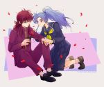  1boy 1girl blue_hair blue_serafuku blue_shirt blue_skirt blush botan_(yuu_yuu_hakusho) breasts closed_mouth commentary_request hetero kurama long_hair ponytail school_uniform shirt skirt smile violet_eyes yuu_yuu_hakusho 