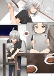  1boy 1girl ahoge bowl chair comic fate/grand_order fate_(series) food ginhaha jeanne_d&#039;arc_(alter)_(fate) jeanne_d&#039;arc_(fate)_(all) mother_and_son open_mouth plate rice rice_bowl short_hair silent_comic silver_hair speech_bubble steam table tablet_pc yellow_eyes 