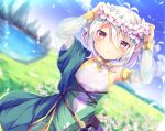  1girl :o antenna_hair bangs bare_shoulders blue_sky blurry blurry_background blush breasts clouds day detached_sleeves dress dutch_angle eyebrows_visible_through_hair flower hair_between_eyes hair_flower hair_ornament hands_on_headwear head_wreath hinata_yuu_(atelierhinata) kokkoro_(princess_connect!) long_sleeves looking_at_viewer outdoors pointy_ears princess_connect! princess_connect!_re:dive short_hair silver_hair sky small_breasts smile solo white_flower 