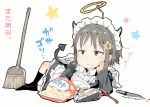  1girl alternate_costume ano_ko_wa_toshi_densetsu apron arm_support bag_of_chips black_dress black_legwear blush broom brown_eyes brown_hair bug_spray collared_dress commentary_request demon_horns demon_tail dress enmaided fake_halo fake_horns feathered_wings flower food food_on_face full_body gomennasai grey_background hair_flower hair_ornament hairclip horns juliet_sleeves kitchen_knife kneehighs long_sleeves maid maid_apron maid_headdress mini_wings no_shoes orange_flower parted_lips puffy_sleeves sidelocks simple_background sleeves_past_wrists solo star tail translation_request white_apron white_wings wings zangyaku-san 