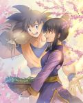  1boy 1girl :d bangs basket black_eyes black_hair branch carrying carrying_bag carrying_over_shoulder cherry_blossoms chi-chi_(dragon_ball) china_dress chinese_clothes couple dappled_sunlight day dougi dragon_ball dragonball_z dress eyebrows_visible_through_hair fingernails flower hair_bun hetero holding holding_basket leaf libeuo_(liveolivel) light_smile looking_at_another looking_away open_mouth outdoors pink_flower profile smile son_gokuu spiky_hair sunlight teeth tied_hair tree_branch twitter_username upper_body wristband 