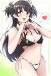  1girl bangs bikini black_bikini black_hair black_neckwear blush breasts brown_eyes cleavage commentary_request detached_collar frilled_bikini frills hair_ribbon halftone heart heart_hands highres idolmaster idolmaster_shiny_colors long_hair maid_bikini maid_day mayuzumi_fuyuko navel neck_ribbon otsumami_(otsu-mugi) ribbon side-tie_bikini sidelocks small_breasts solo spoken_heart sweatdrop swimsuit two_side_up white_ribbon 