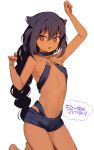  1girl absurdres arms_up bare_legs barefoot black_hair blush braid breasts bright_pupils choker collar dark_skin fang hair_between_eyes hair_flaps halter_top halterneck highres jahy jahy_sama_wa_kujikenai konbu_wakame long_hair looking_at_viewer navel o-ring o-ring_top official_art open_mouth paw_pose red_eyes revision short_shorts shorts sidelocks simple_background single_braid small_breasts solo very_long_hair white_background 