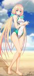  1girl angela_balzac bad_id bangs beach benjoerres blonde_hair blurry blurry_background breasts clouds competition_swimsuit covered_navel day eyebrows_visible_through_hair floating_hair full_body green_eyes groin hair_ornament hands_together highleg highleg_swimsuit highres long_hair looking_at_viewer medium_breasts one-piece_swimsuit outdoors rakuen_tsuihou shiny shiny_hair signature smile solo standing star star_hair_ornament sunlight swimsuit twintails very_long_hair white_swimsuit 
