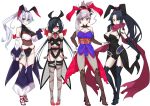  4girls absurdres adapted_costume animal_ears black_hair blue_eyes blush breasts cleavage eyepatch fate/grand_order fate_(series) fishnet_pantyhose fishnets highres katou_danzou_(fate/grand_order) large_breasts low_twintails miyamoto_musashi_(fate/grand_order) mochizuki_chiyome_(fate/grand_order) multiple_girls pantyhose pink_hair ponytail rabbit_ears red_eyes scarf silver_hair small_breasts tomoe_gozen_(fate/grand_order) twintails violet_eyes watosu white_background yellow_eyes 