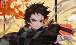  1boy black_hair checkered commentary_request earrings facial_scar fire floral_print frown gloves holding holding_sword holding_weapon japanese_clothes jewelry kamado_tanjirou kimetsu_no_yaiba long_sleeves looking_at_viewer peach_luo red_eyes scar short_hair sword v-shaped_eyebrows weapon white_gloves 