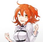  1girl :d ahoge clenched_hands fate/grand_order fate_(series) fujimaru_ritsuka_(female) hair_between_eyes hair_ornament hair_scrunchie jacket long_sleeves looking_at_viewer one_side_up open_mouth orange_hair sakamoto_bin scrunchie short_hair simple_background smile solo upper_body white_background white_jacket yellow_eyes yellow_scrunchie 