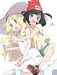  2girls :d beanie black_hair blonde_hair blue_eyes blush creatures_(company) dress game_freak green_eyes green_shorts hat hug hug_from_behind ixy lillie_(pokemon) long_hair looking_at_another mizuki_(pokemon) multiple_girls nintendo open_mouth pokemon pokemon_(game) pokemon_sm red_headwear shoes short_hair short_sleeves shorts simple_background sleeveless sleeveless_dress smile teeth white_background white_dress white_headwear 