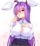  1girl animal_ears black_skirt blush breasts bunny_girl busujima_funya button_gap cleavage collared_shirt commentary_request fingers_to_mouth hair_over_one_eye hand_on_own_chest hand_up heart heart_background large_breasts long_hair no_bra parted_lips partially_unbuttoned pleated_skirt purple_hair rabbit_ears red_eyes reisen_udongein_inaba shirt shirt_tucked_in simple_background skirt solo touhou very_long_hair white_shirt 