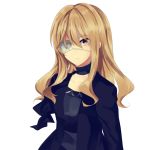  1girl black_jacket black_shirt blonde_hair character_request choker collarbone eyepatch jacket long_hair long_sleeves looking_at_viewer lor_(roasyerizyonirapi) open_clothes open_jacket red_eyes shiny shiny_hair shirt simple_background solo standing upper_body white_background 