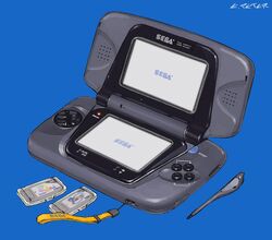  artist_name blue_background buttons cartridge commentary fusion handheld_game_console highres logo nintendo nintendo_ds no_humans peter_(peter6409) puyopuyo sega sega_game_gear signature sonic sonic_the_hedgehog strap stylus 